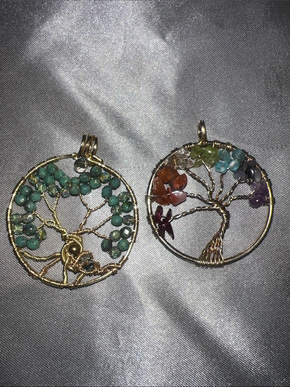 Gold Wire Tree of Life Pendants with Green and Multicolor Gemstones